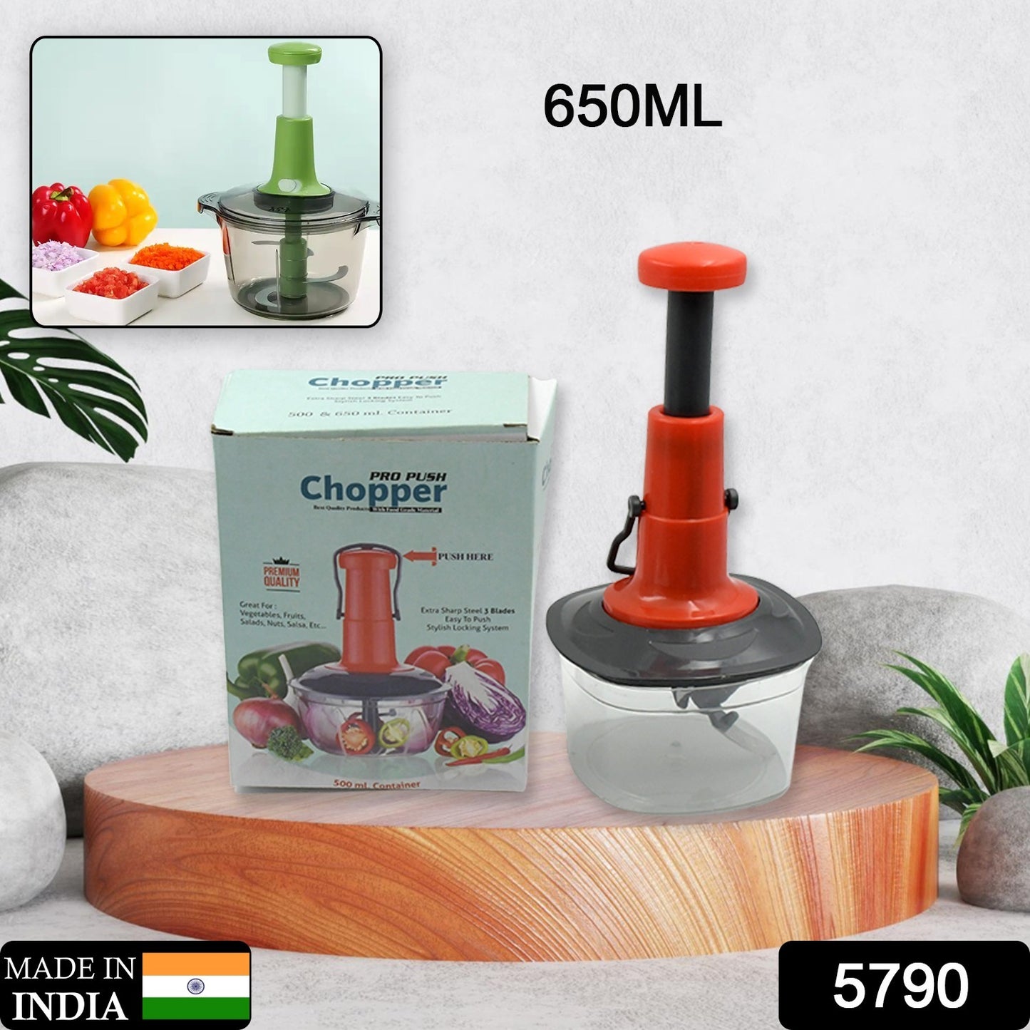 Wukusy manual fruit and vegetable chopper with three stainless steel blades, anti-slip base, and locking system in a kitchen setting.