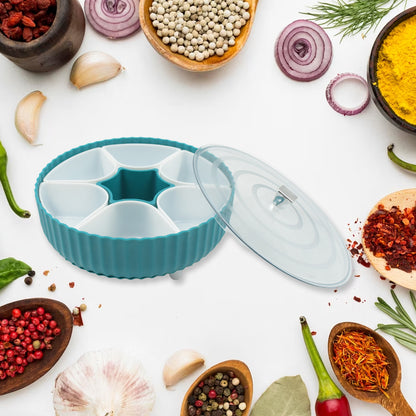 Wukusy 5811 360 revolving plastic spice box with 7 compartments for dry fruit, spices, tea, sugar, and kitchen storage.