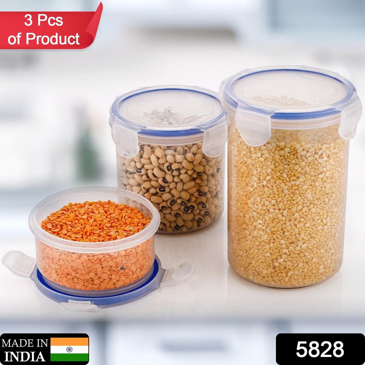 Set of 3 Wukusy round plastic airtight food storage containers with leak-proof locking lids in 500ml, 1000ml, and 1500ml sizes.