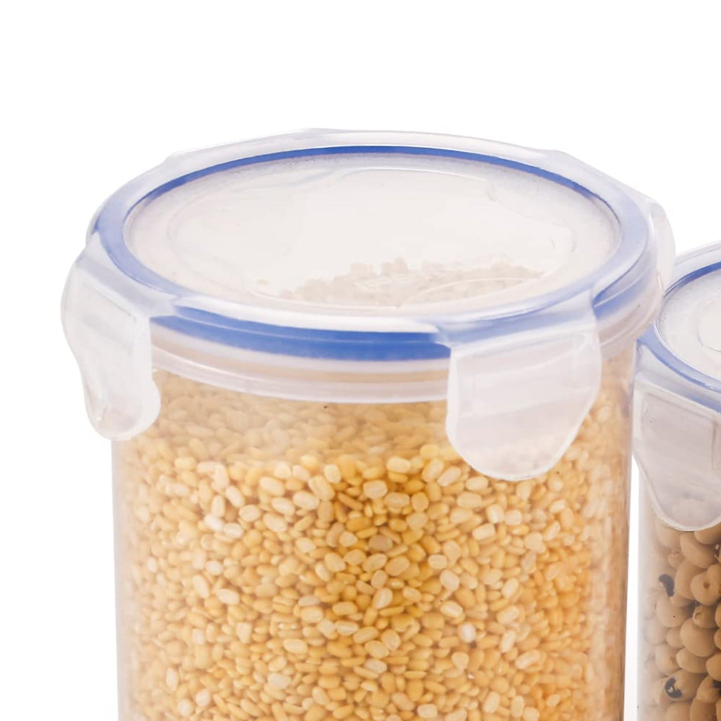 Wukusy 3-piece round plastic food storage containers with leak-proof lids, transparent, in 500ml, 1000ml, and 1500ml sizes.