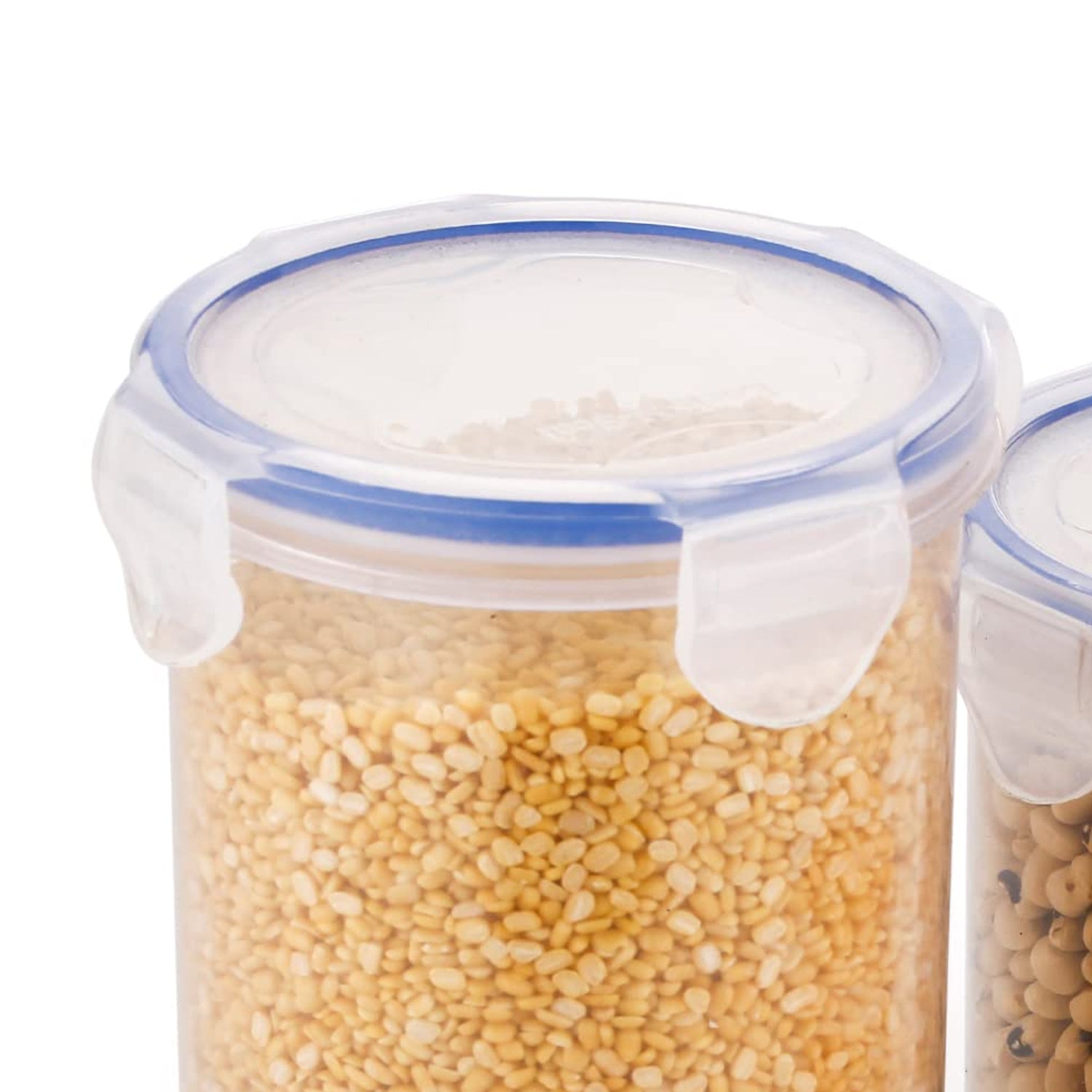 Wukusy 3-piece round plastic food storage containers with leak-proof lids, transparent, in 500ml, 1000ml, and 1500ml sizes.