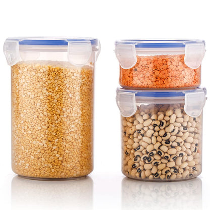 Set of 3 Wukusy round plastic food storage containers with leak-proof locking lids, transparent with 500ml, 1000ml, and 1500ml capacity