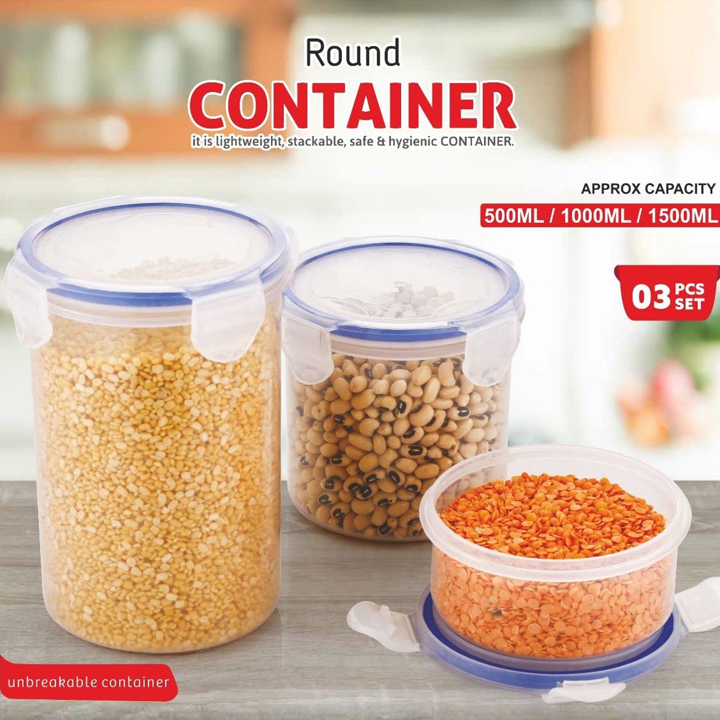 Set of three Wukusy round plastic airtight food storage containers with leak-proof locking lids, transparent, 500ml, 1000ml, and 1500ml capacities.