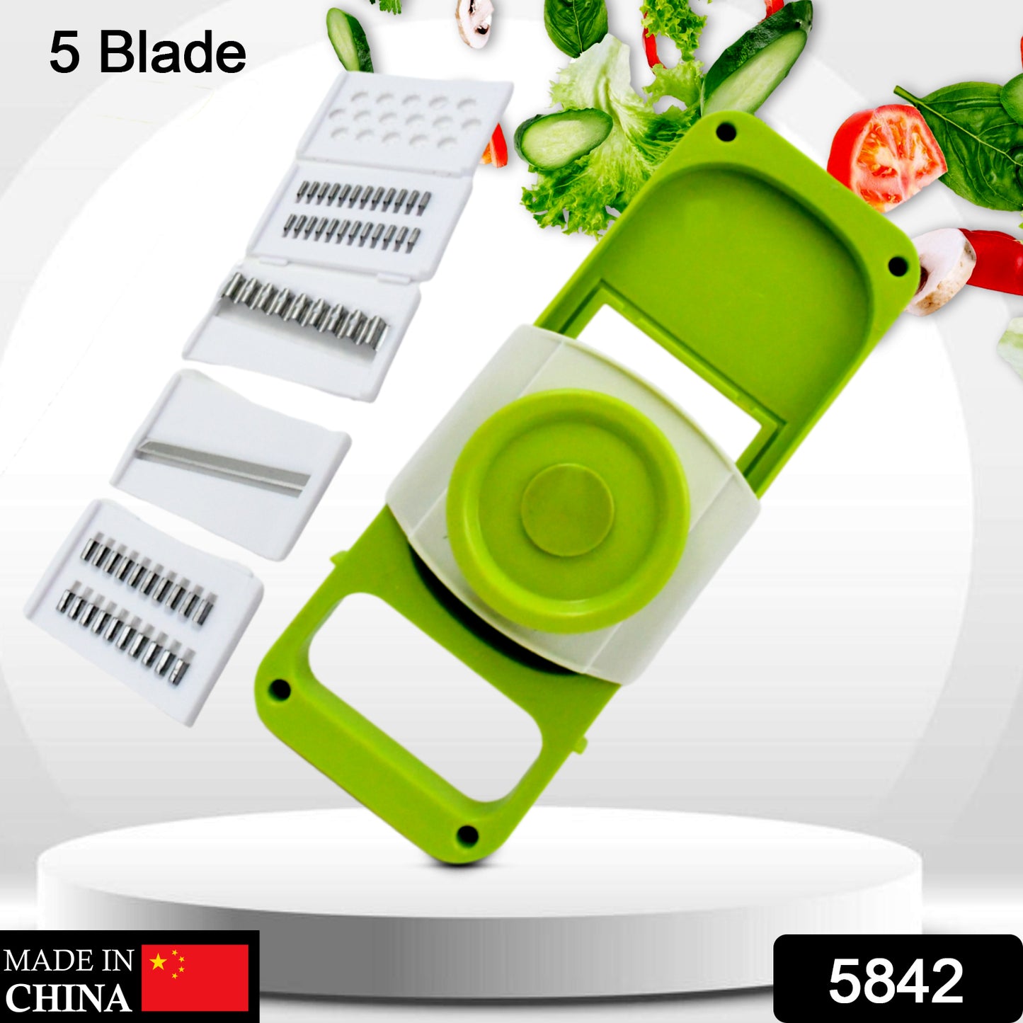 Wukusy 5-in-1 vegetable slicer with stainless steel blades, foldable design, protective guards, for slicing potatoes, onions, and veggies.