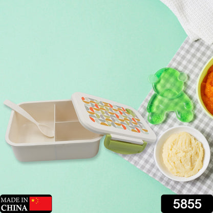Wukusy 5855 three-compartment leak-proof lunch box with spoon, ideal for school or office, made of durable material.