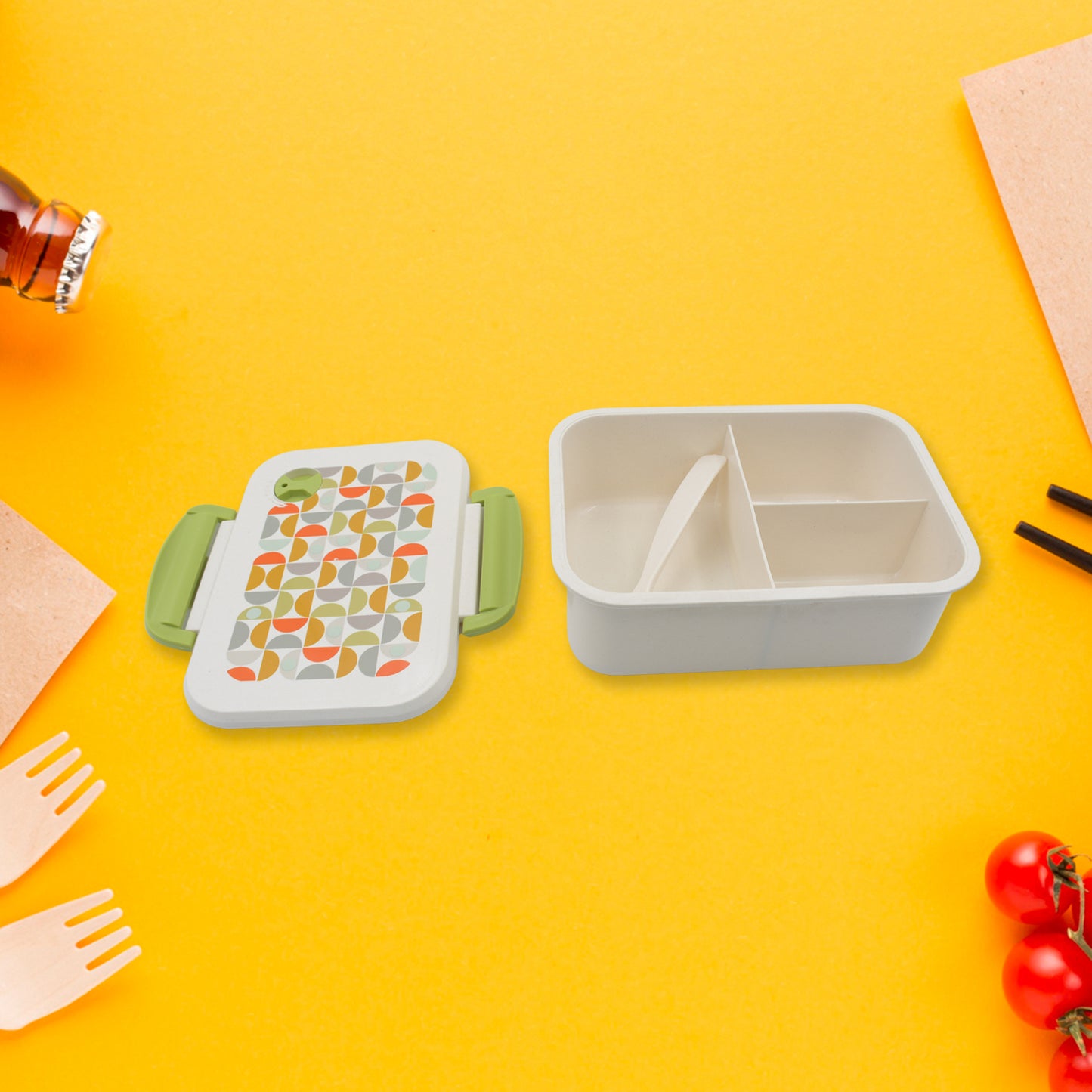 Wukusy 5855 lunch box with three compartments and leak-proof design, includes a spoon, ideal for school and office use.