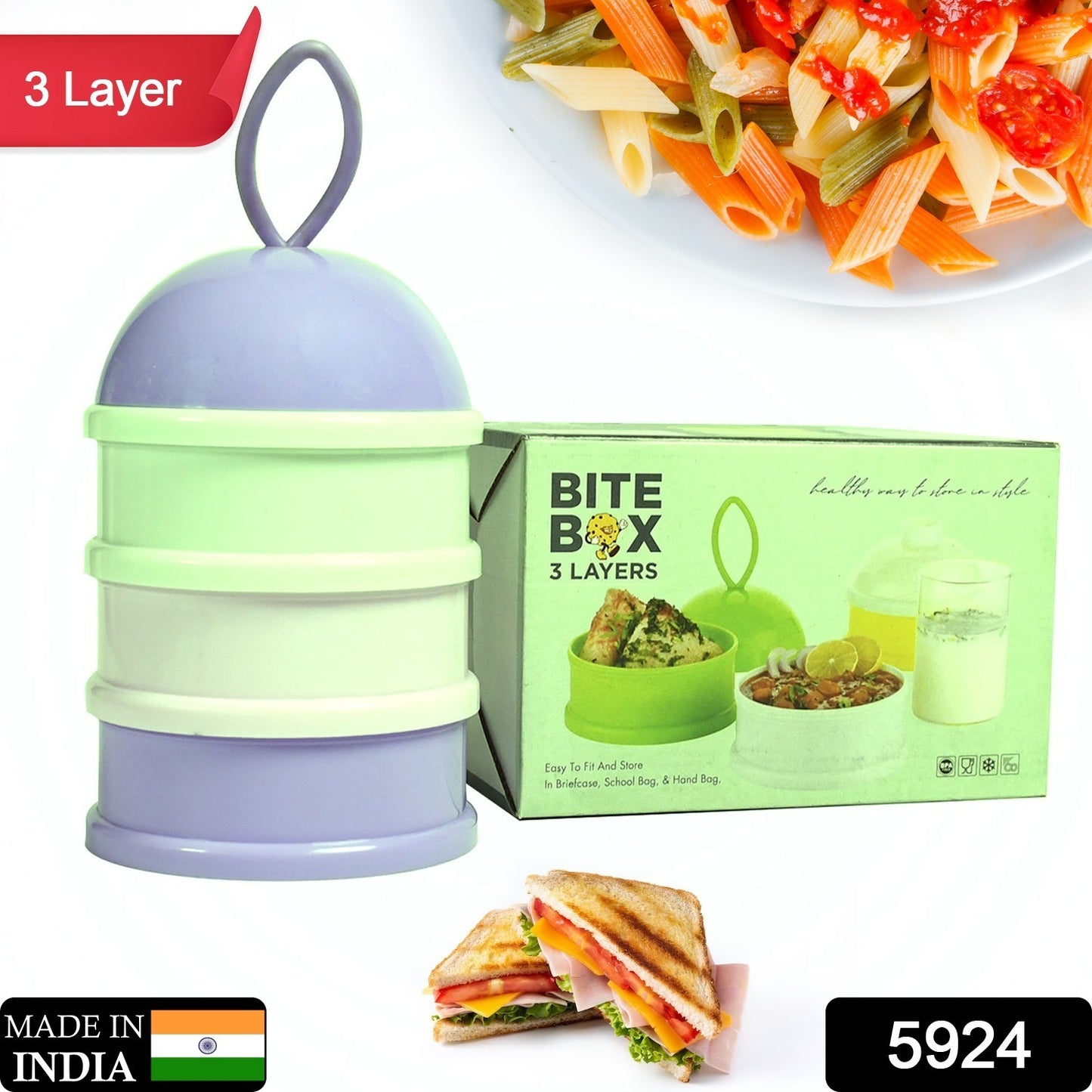Wukusy 3-layer green lunch box with unique design, liquid food container, and bite-sized compartments for home and kitchen use.