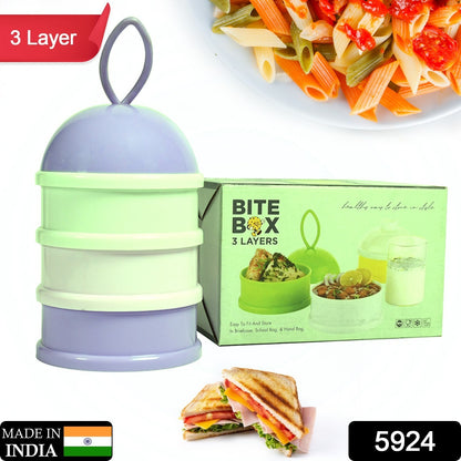 Wukusy 3-layer green lunch box with unique design, liquid food container, and bite-sized compartments for home and kitchen use.