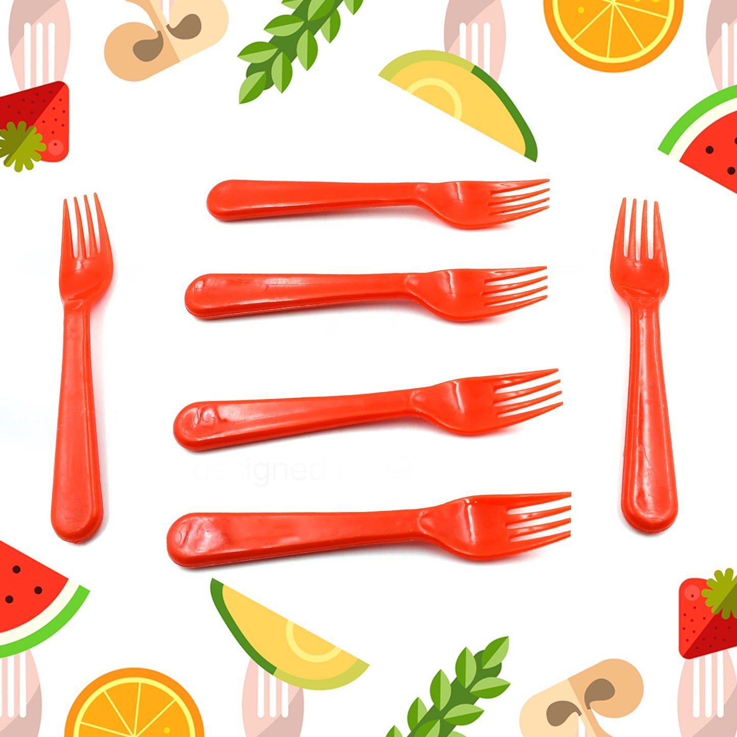 Wukusy 6-piece set of plastic forks and spoons for fruit, vegetables, salads, desserts, and babies, arranged on a white background.