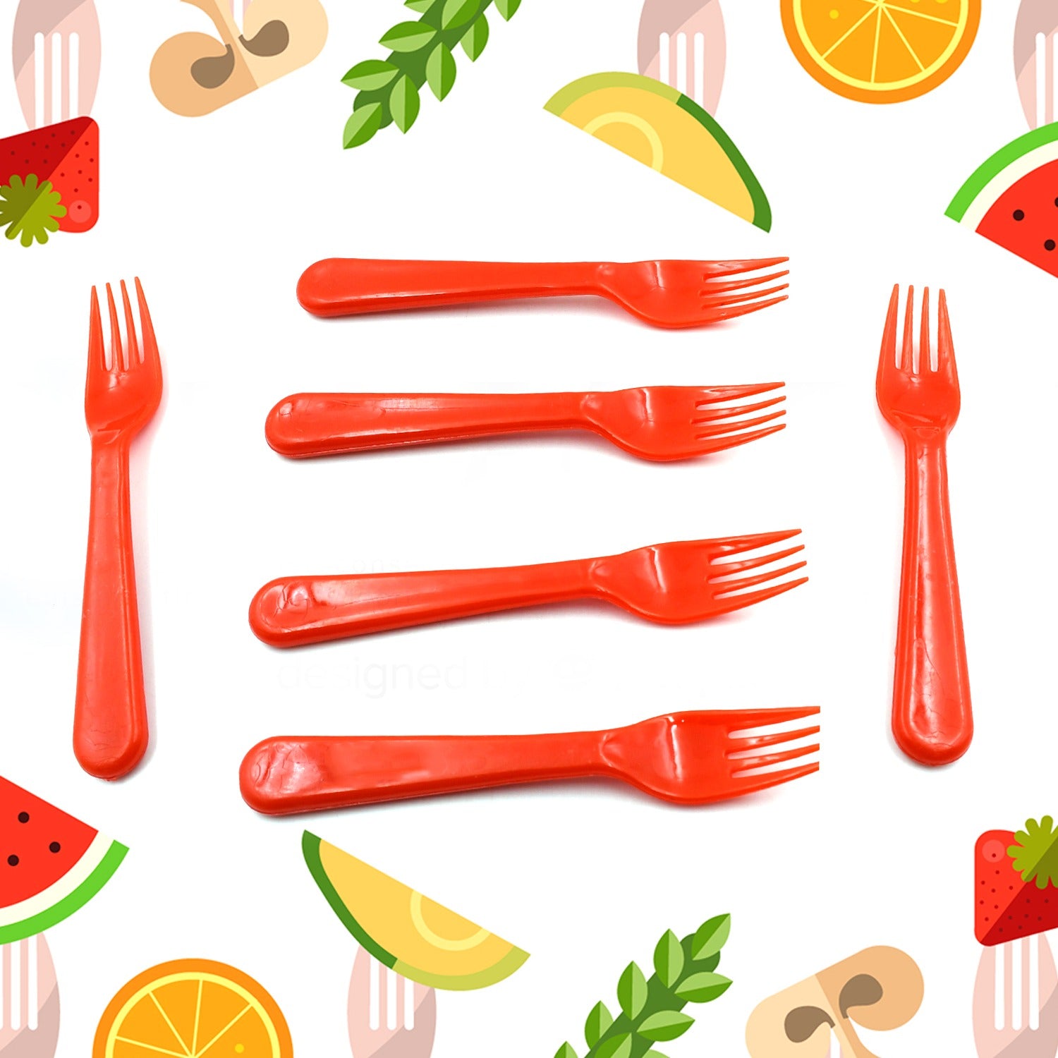 Wukusy 6-piece set of plastic forks and spoons for fruit, vegetables, salads, desserts, and babies, arranged on a white background.