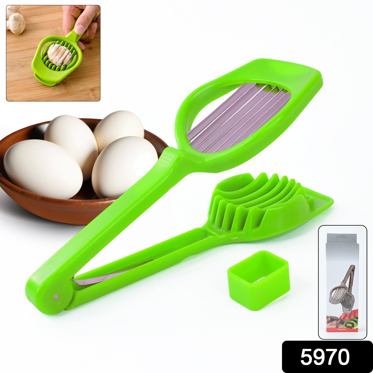 Wukusy 5970 multipurpose slicer with seven stainless steel blades for eggs, strawberries, tomatoes, kiwis, and fruit slicing.