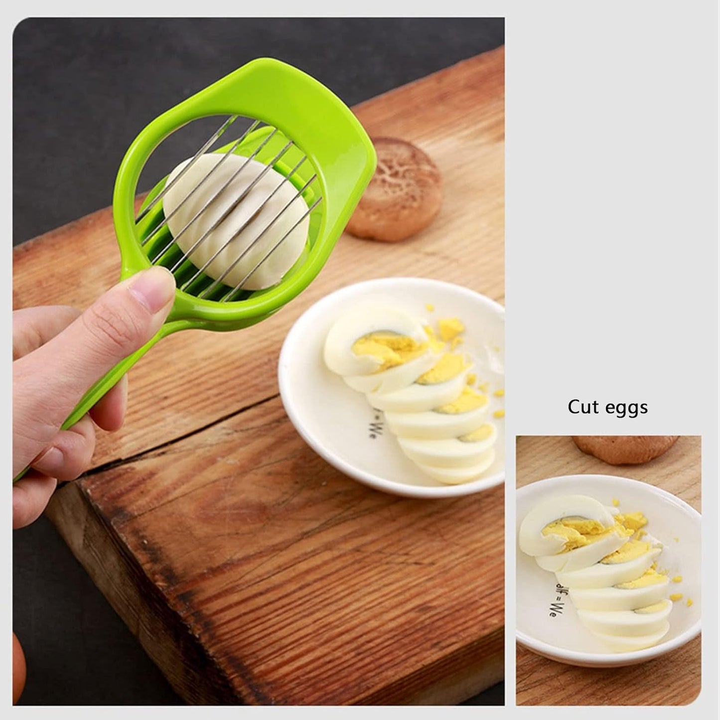 Wukusy 5970 multipurpose stainless steel slicer with seven blades for eggs, strawberries, tomatoes, kiwis, and fruit separation.
