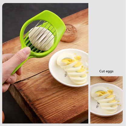 Wukusy 5970 multipurpose stainless steel slicer with seven blades for eggs, strawberries, tomatoes, kiwis, and fruit separation.