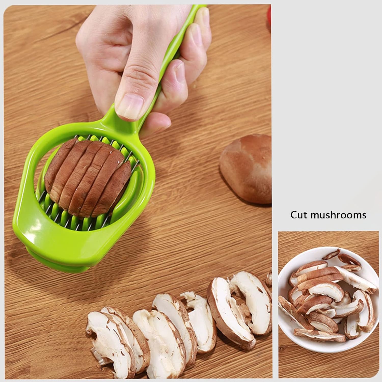 Wukusy 5970 multipurpose stainless steel slicer with seven blades for eggs, strawberries, tomatoes, kiwis, and fruit cutting.