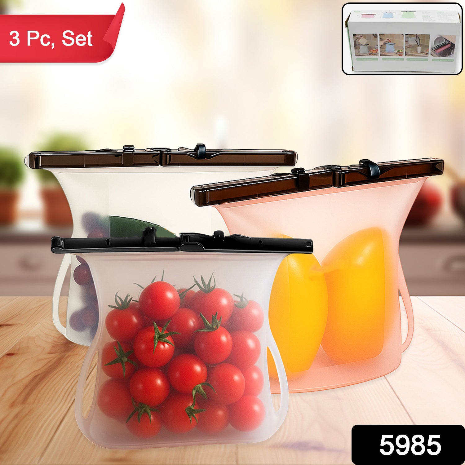 Wukusy reusable silicone food storage bags set of 3, leakproof flat-bottom freezer and sandwich bags, BPA-free, microwave & dishwasher safe.