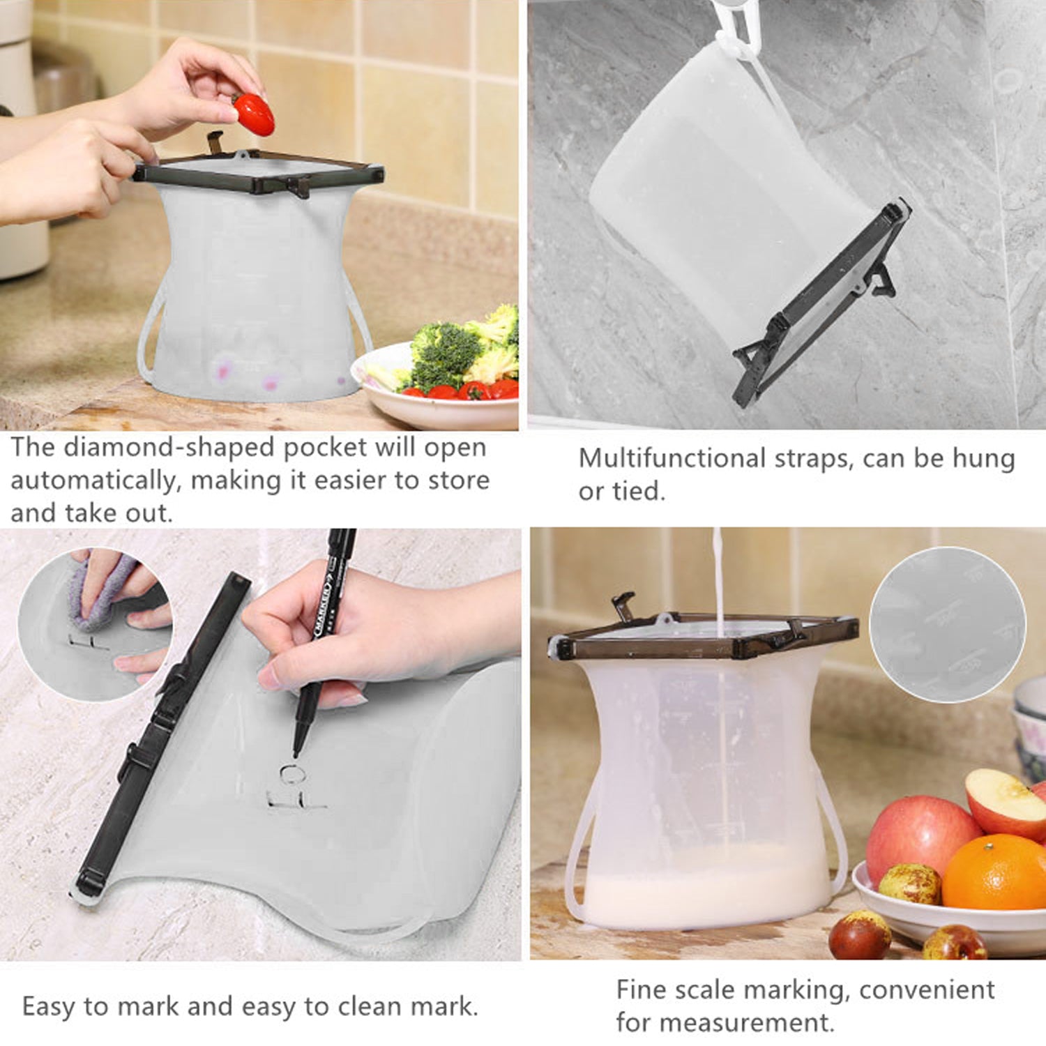 Wukusy reusable silicone food storage set with three leakproof flat-bottom freezer and sandwich bags, BPA-free, microwave and dishwasher safe.