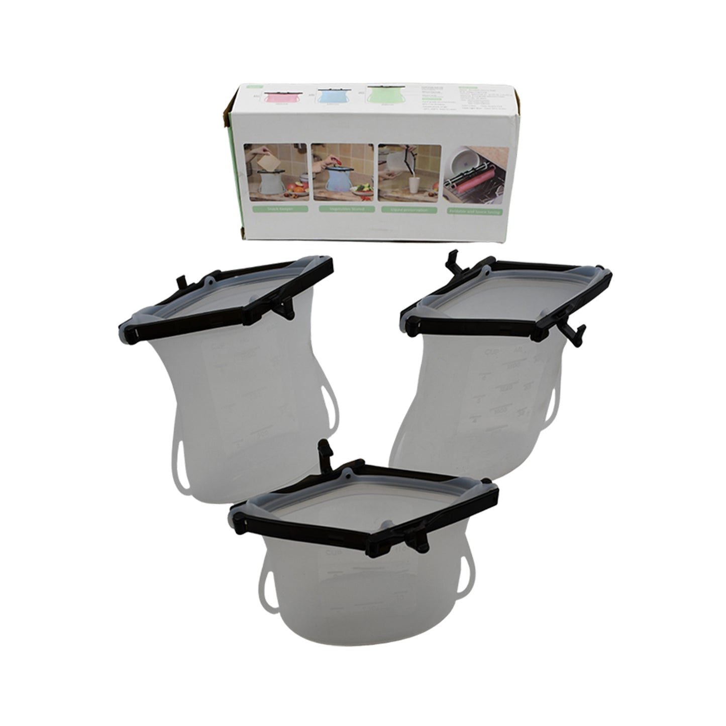 Set of three Wukusy reusable silicone food storage bags with leakproof locks, flat bottom, and microwave-safe design for snacks and freezer storage.