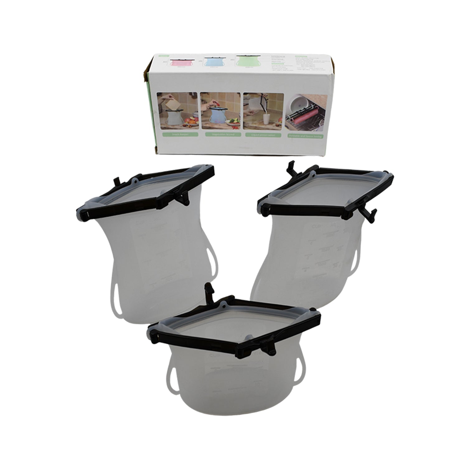 Set of three Wukusy reusable silicone food storage bags with leakproof locks, flat bottom, and microwave-safe design for snacks and freezer storage.