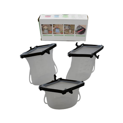 Set of three Wukusy reusable silicone food storage bags with leakproof locks, flat bottom, and microwave-safe design for snacks and freezer storage.