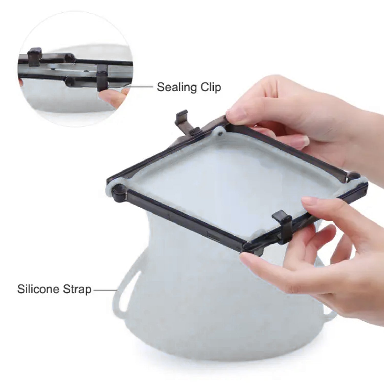 Set of three Wukusy reusable silicone food storage bags with leakproof locks, flat bottoms, and microwave dishwasher safe.