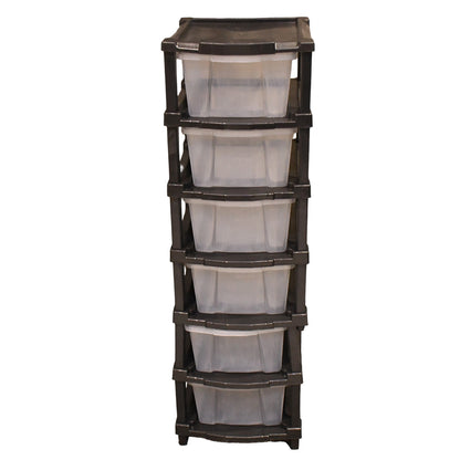 Wukusy 6-layer modular plastic drawer storage cabinet for home and kitchen organization with multiple compartments.