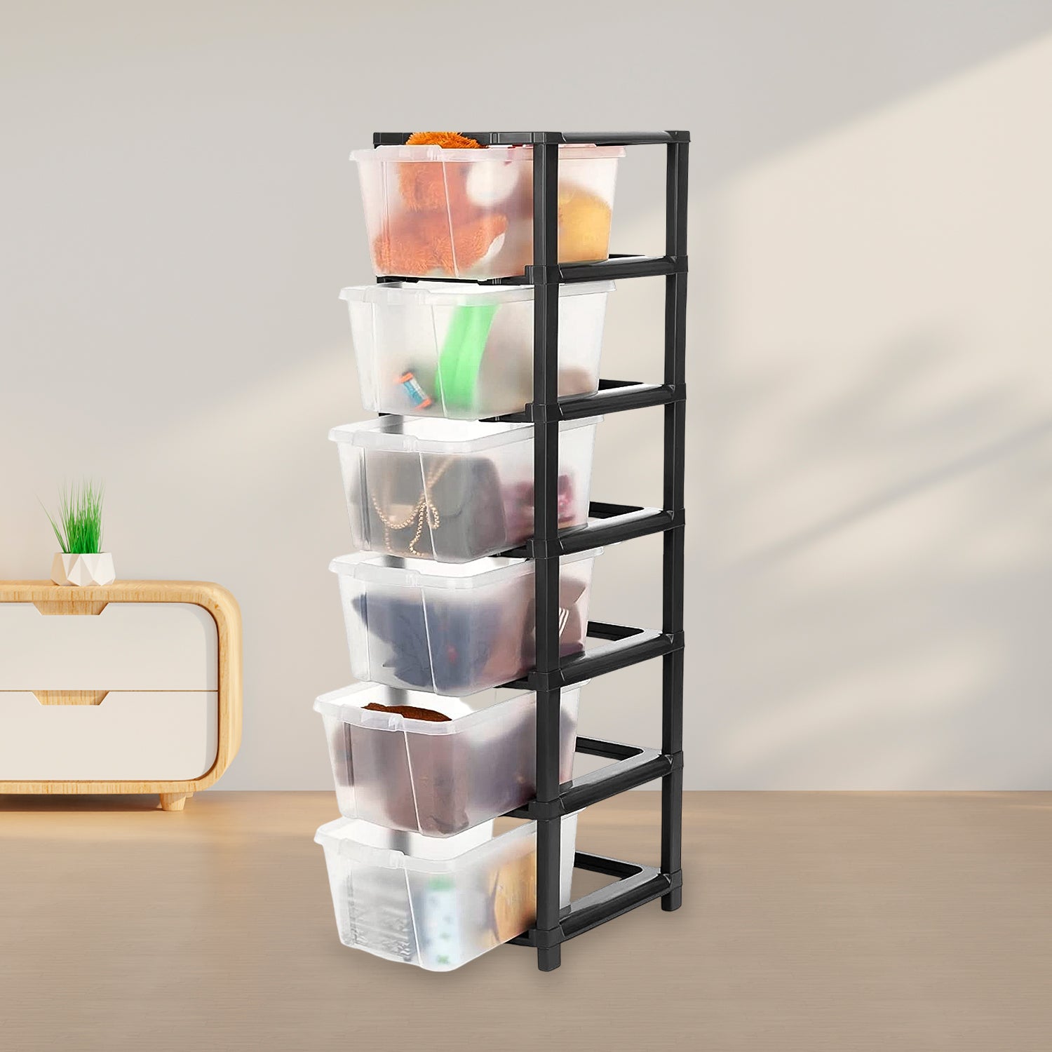 Wukusy 6-layer modular plastic drawer storage cabinet for home and kitchen organization with multiple compartments.