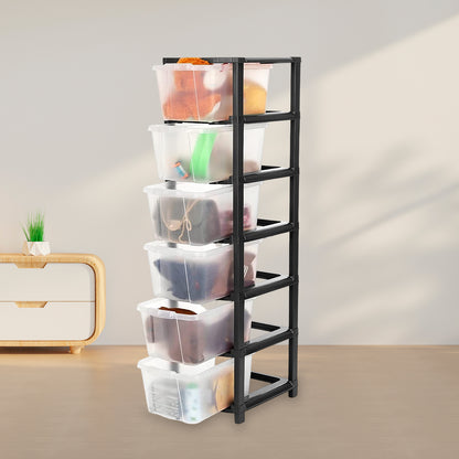Wukusy 6-layer modular plastic drawer storage cabinet for home and kitchen organization with multiple compartments.