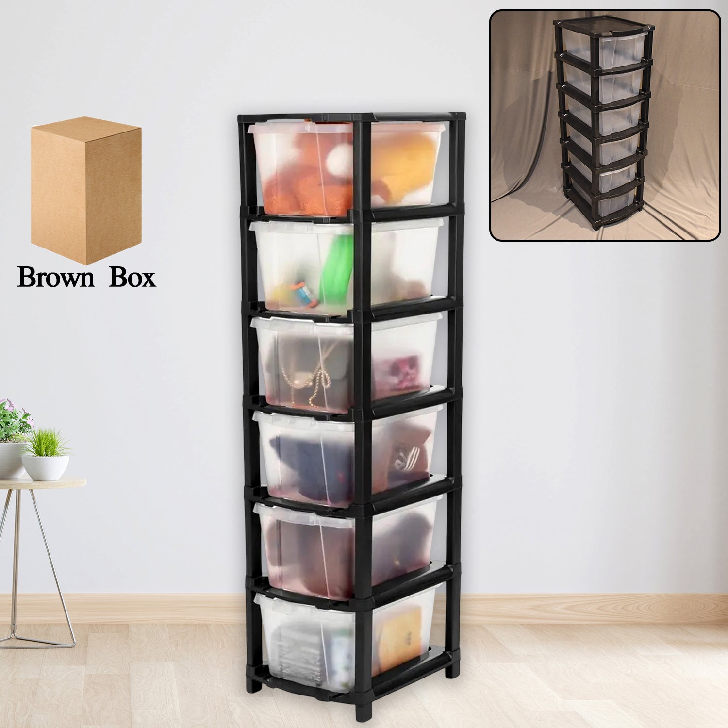 Wukusy 6-layer modular plastic drawer storage cabinet for home and kitchen organization with multiple compartments.
