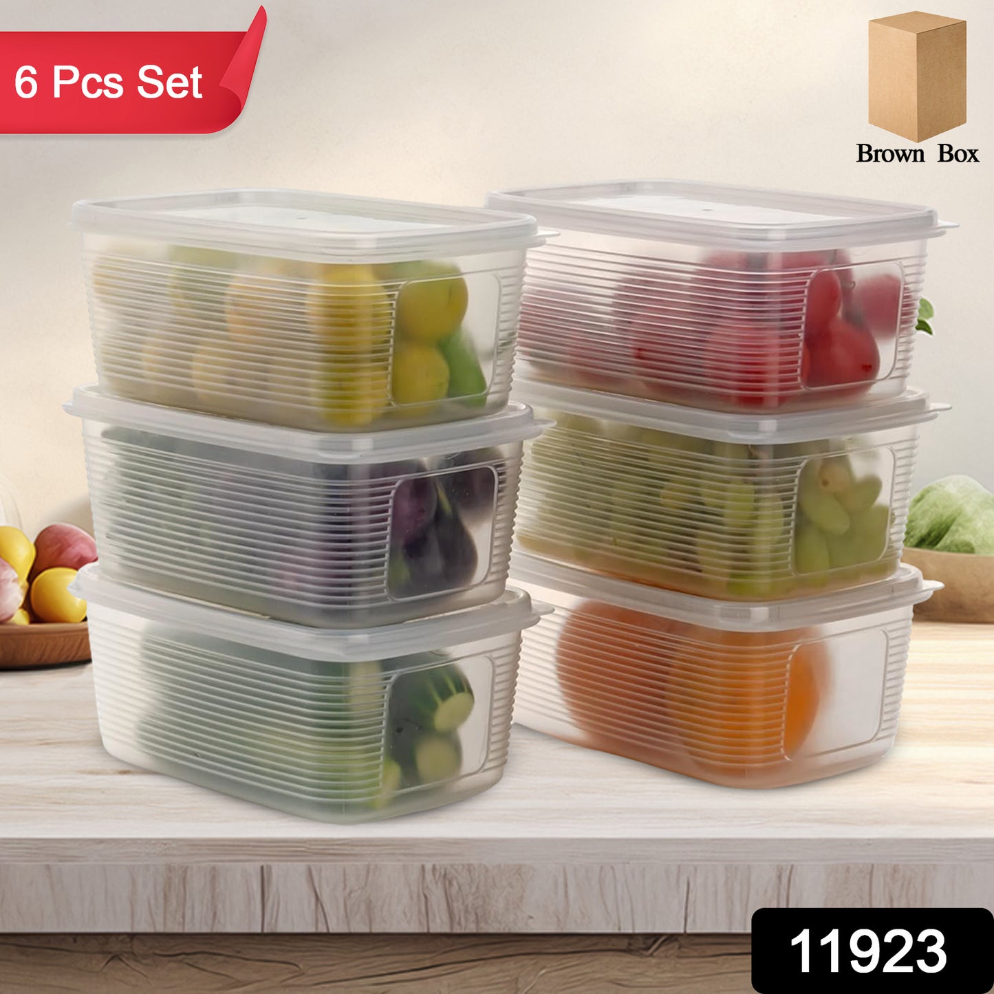 Six-piece Wukusy plastic food storage container set for home and kitchen use, with clear lids and stackable design.