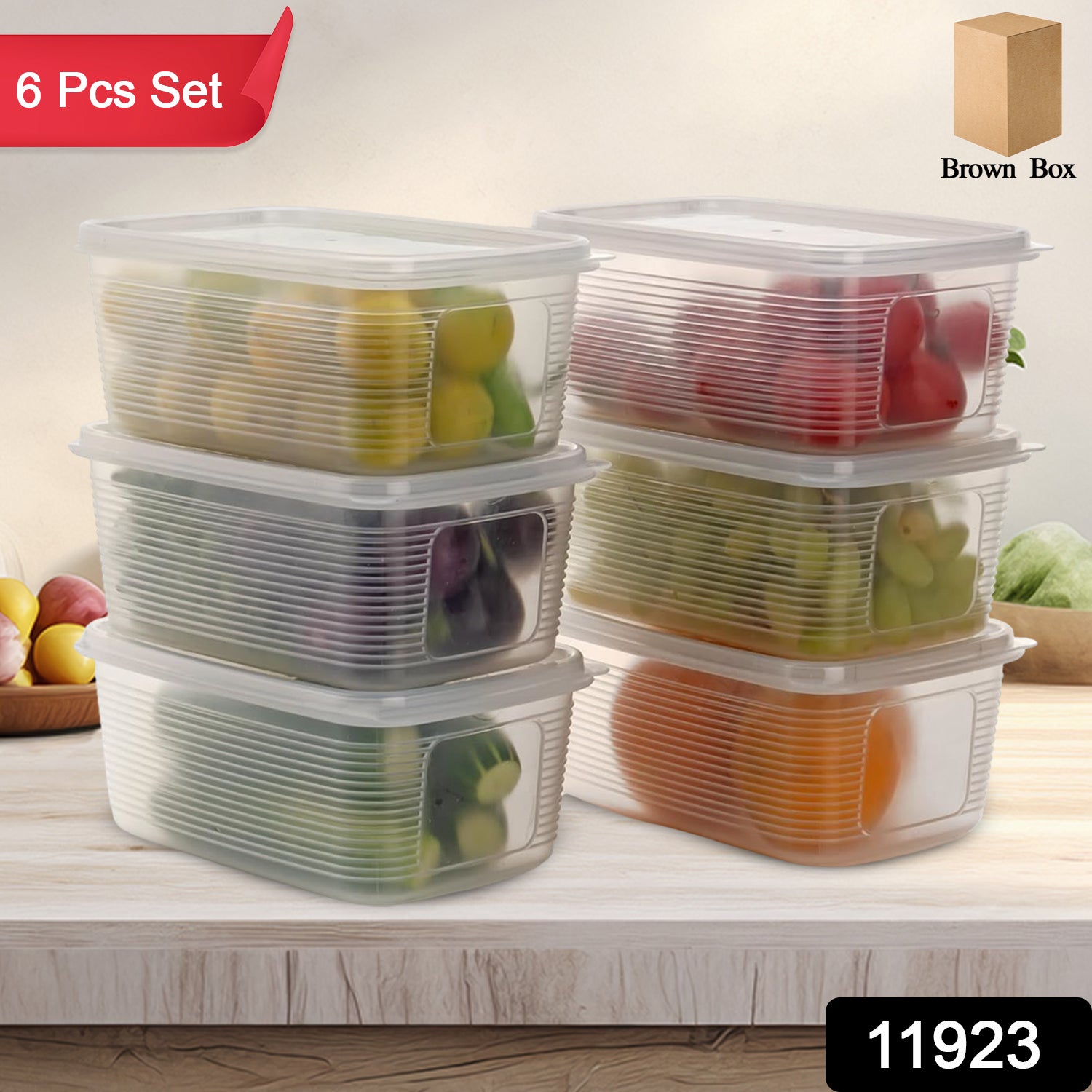 Six-piece Wukusy plastic food storage container set for home and kitchen use, with clear lids and stackable design.