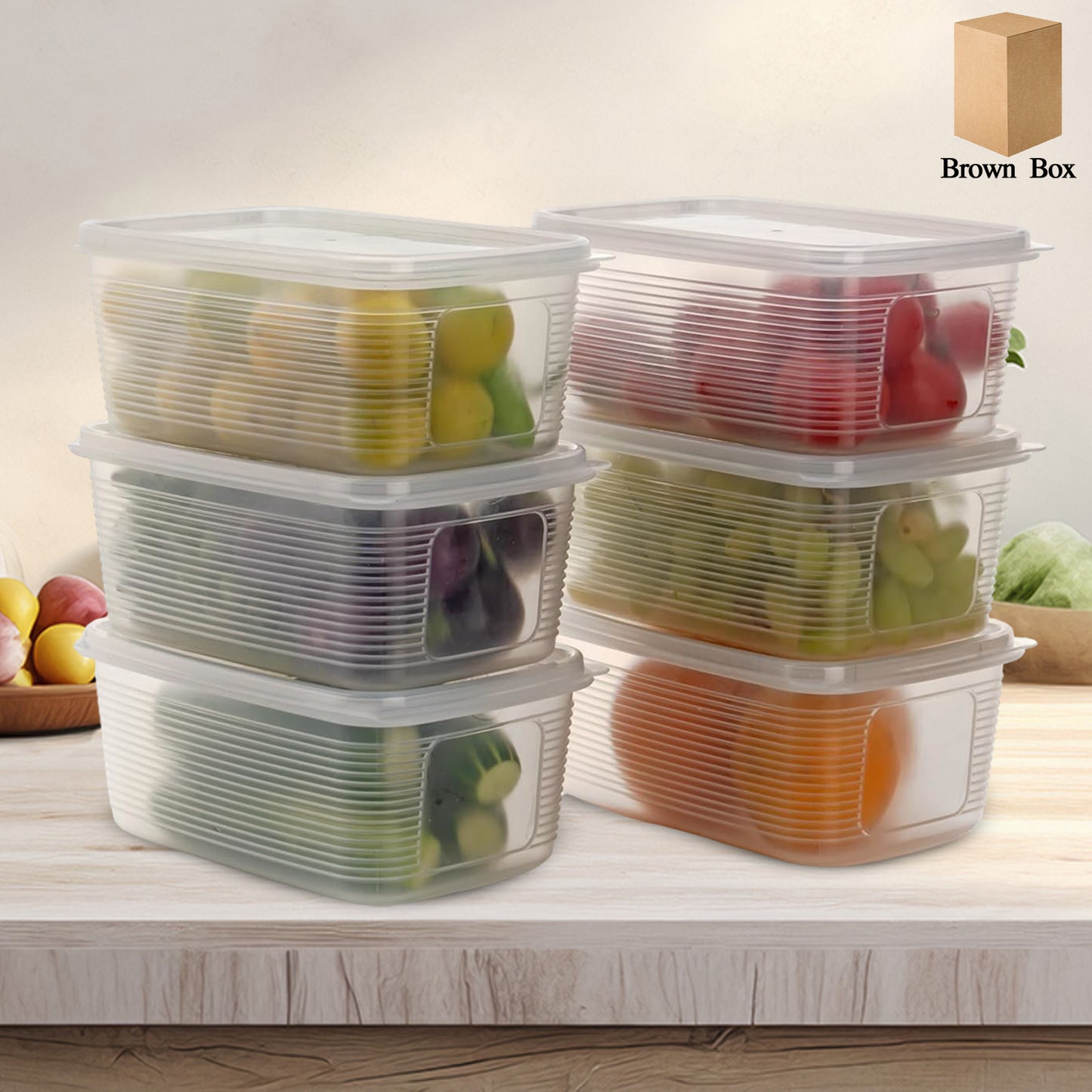 Six Wukusy plastic food storage containers set for kitchen use, featuring clear lids and diverse sizes for versatile food organization.