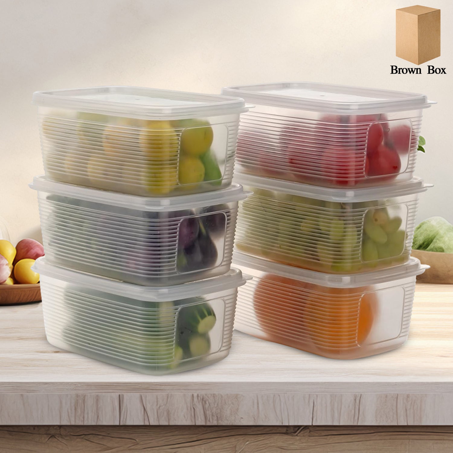 Six Wukusy plastic food storage containers set for kitchen use, featuring clear lids and diverse sizes for versatile food organization.