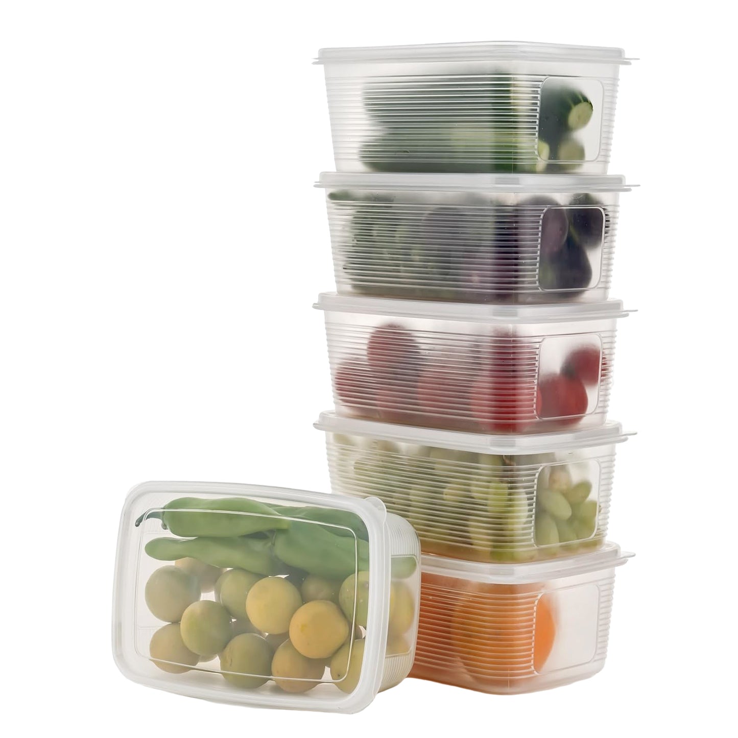 Six Wukusy plastic food storage containers in various sizes, ideal for kitchen organization and meal prep.