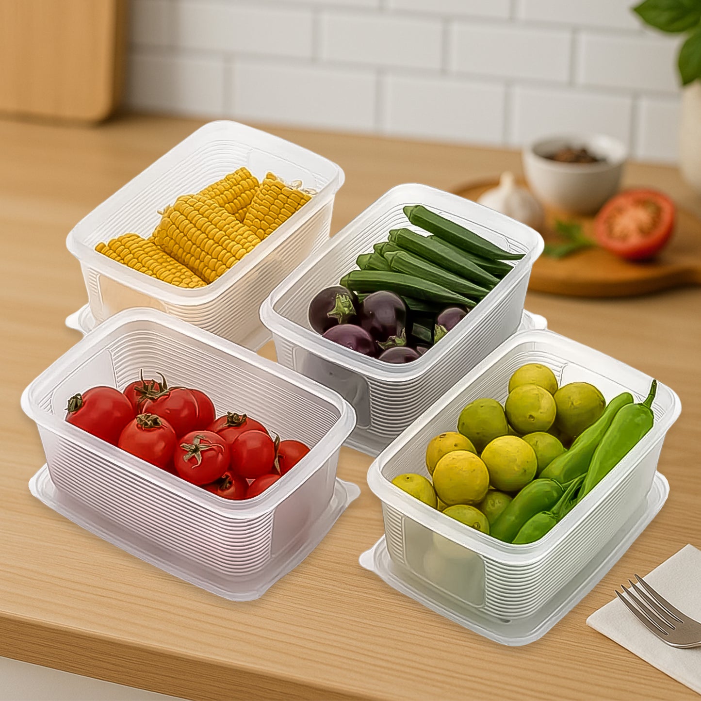 Six Wukusy plastic food storage containers set for kitchen use, with clear lids and various sizes for storing leftovers and ingredients.