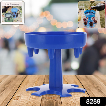 Wukusy 6-way plastic shot glass dispenser with holder stand for organized shot serving in home and kitchen settings.