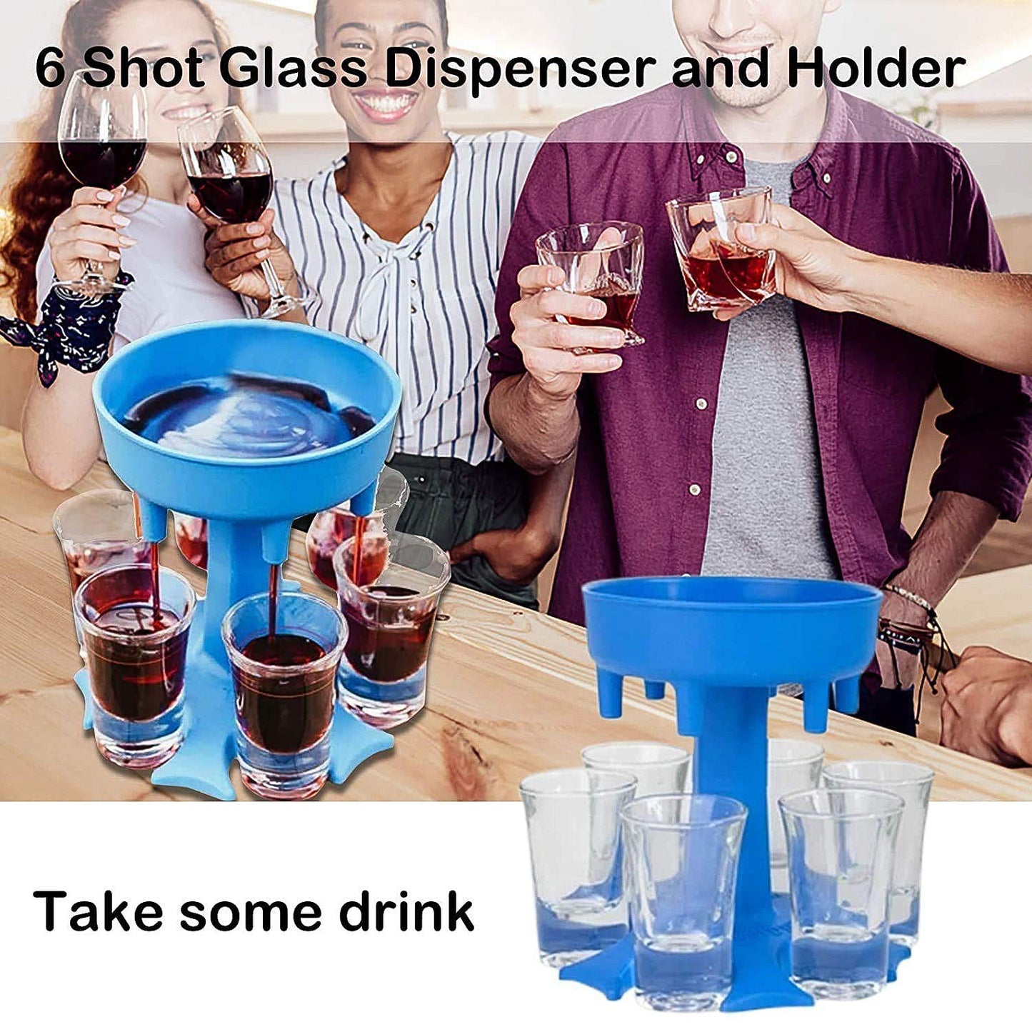 Wukusy 6-way plastic shot glass dispenser with holder stand for home bar or kitchen use, holds six shot glasses securely.