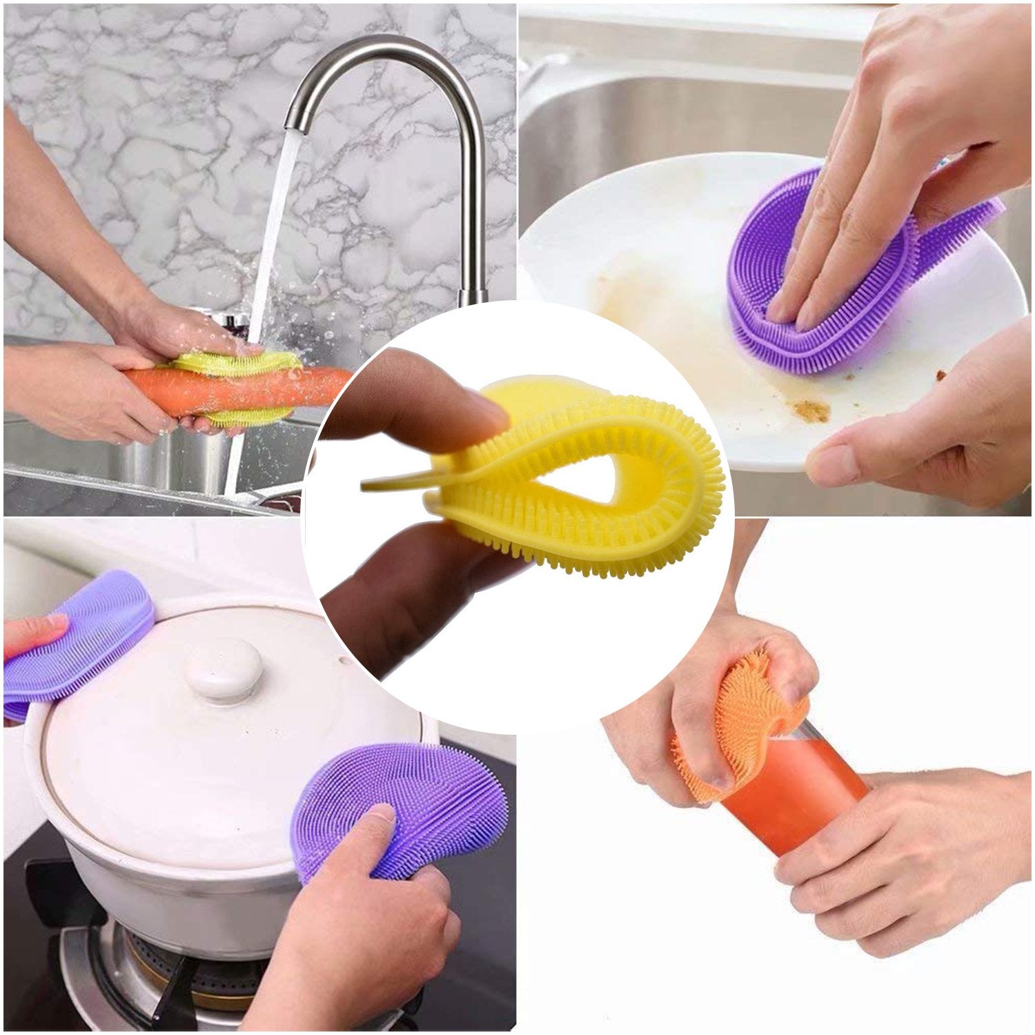 Wukusy silicone dish scrubber sponge in mixed colors, mildew-free, non-stick, ideal for cleaning dishes in home and kitchen use.