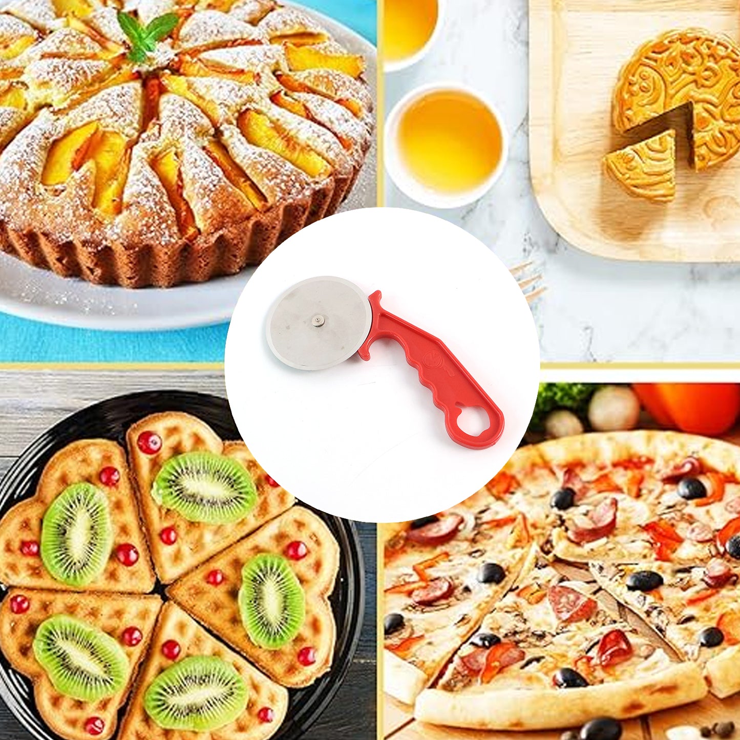Wukusy stainless steel pizza cutter with a sharp wheel, ideal for cutting pizza, pastries, and sandwiches in home and kitchen use.