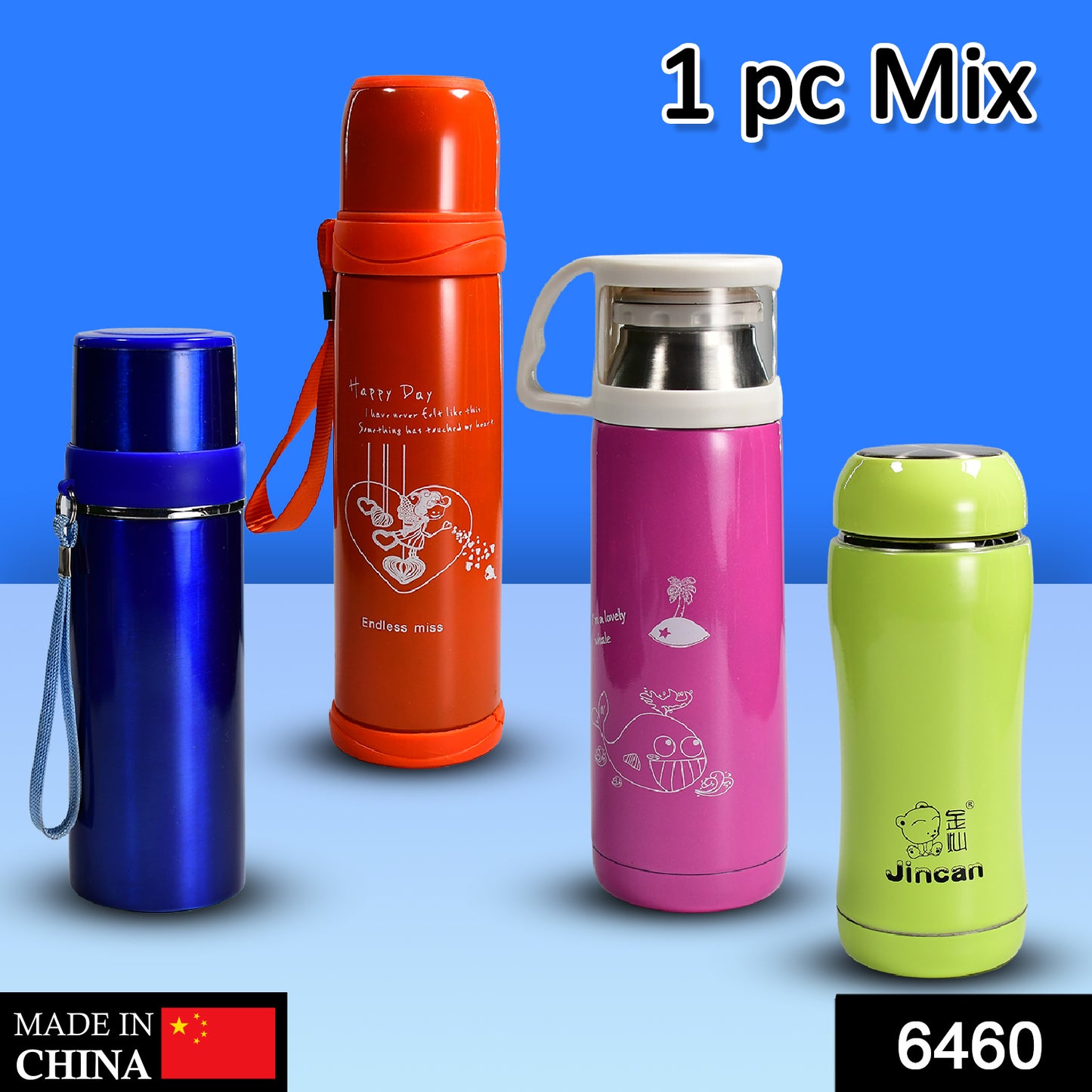 Stainless steel Wukusy mix bottle for storing water and beverages, shown in a home kitchen setting.