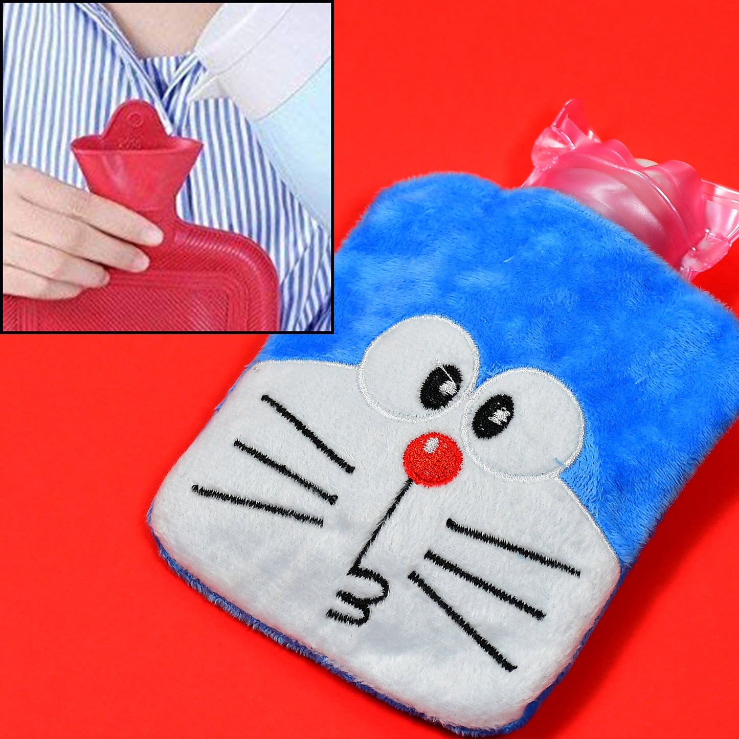 Wukusy Doremon small hot water bag with cover for pain relief, neck, shoulder, hand, foot warmth, and menstrual cramps.