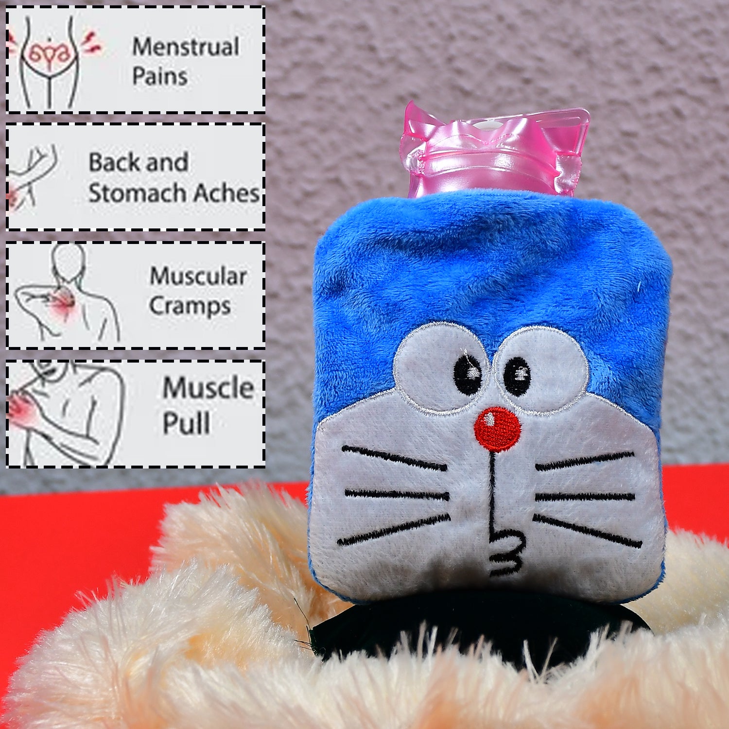 Wukusy Doremon small hot water bag with cover, used for pain relief, neck, shoulder, hand, feet warming, and menstrual cramps.