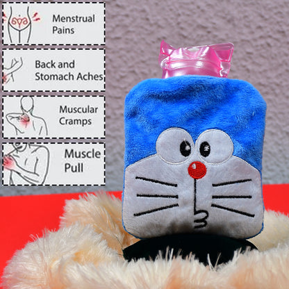 Wukusy Doremon small hot water bag with cover, used for pain relief, neck, shoulder, hand, feet warming, and menstrual cramps.