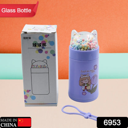 Wukusy 6953 Girl glass water bottle with cat lid, sequins, glitter, and sparkle strap, 350ml for kids' school use.