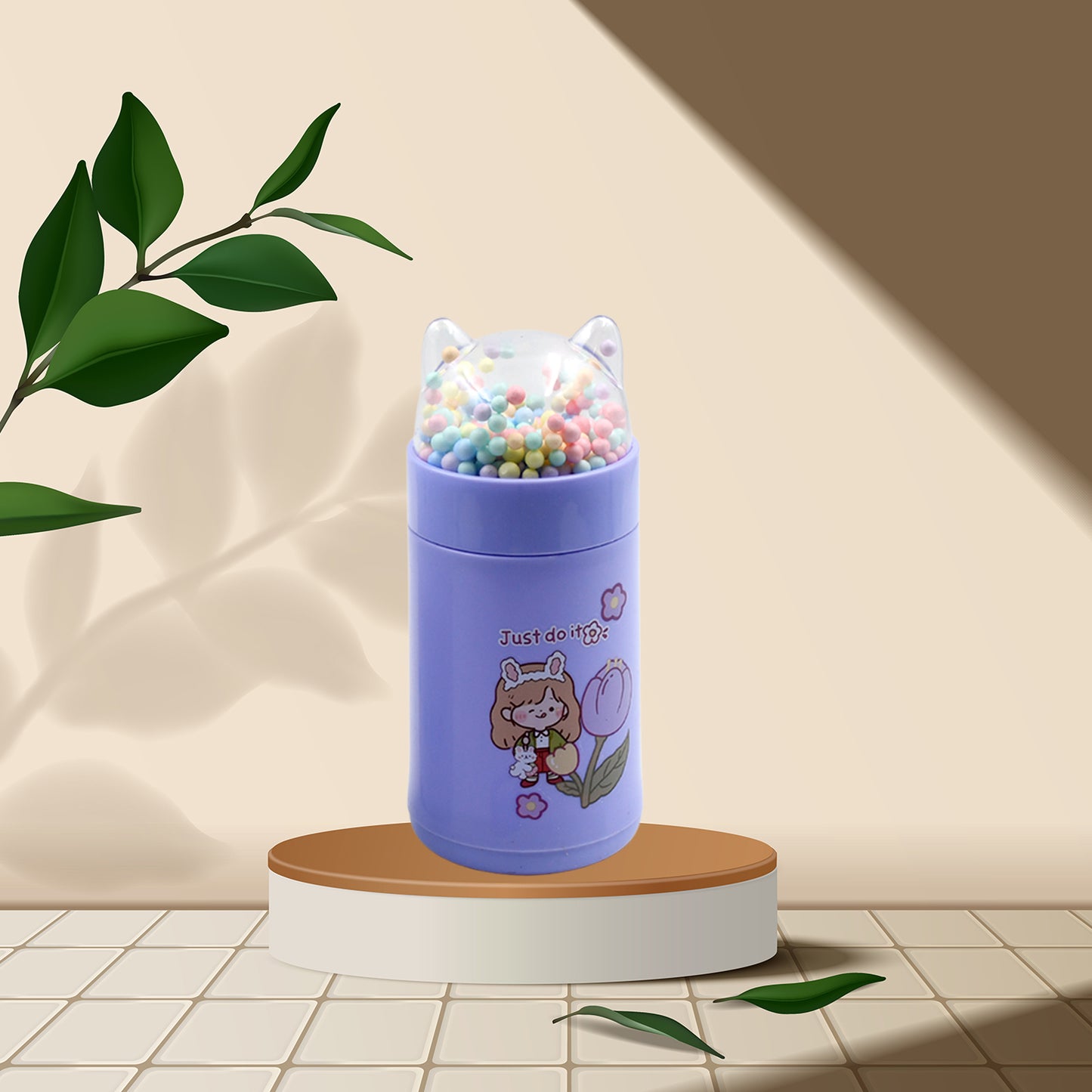 Wukusy glass water bottle for girls with glitter, sequins, cat lid, sparkle strap, 350ml, ideal for school or birthday gift.