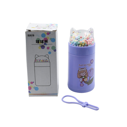 Wukusy 6953 girl glass water bottle with cat lid, glitter sequins, sparkle strap, 350ml capacity, suitable for school and kids.