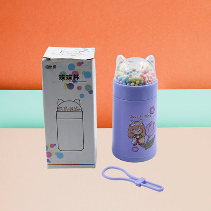 Wukusy 6953 girl glass water bottle with sparkly strap, cat lid, sequins, glitter, 350ml, ideal for school and kids.