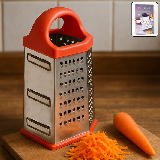 Wukusy 7-in-1 heavy-duty stainless steel box grater with ergonomic handle for versatile grating and shredding in the kitchen.