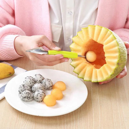 Wukusy multifunctional stainless steel fruit and vegetable carving knife with peeler, corer, and spherical scoop for garnishing.