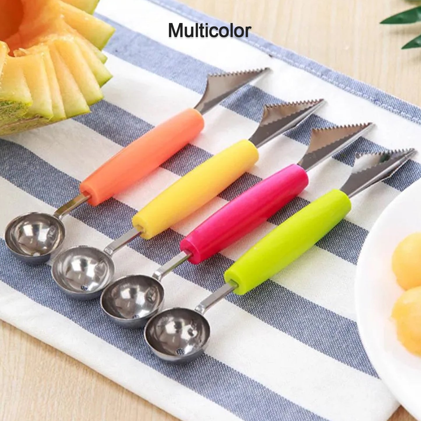 Wukusy multifunctional stainless steel fruit and vegetable carving knife with peeler, corer, spherical dig ball scoop, and garnishing tools.