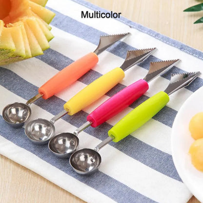 Wukusy multifunctional stainless steel fruit and vegetable carving knife with peeler, corer, spherical dig ball scoop, and garnishing tools.